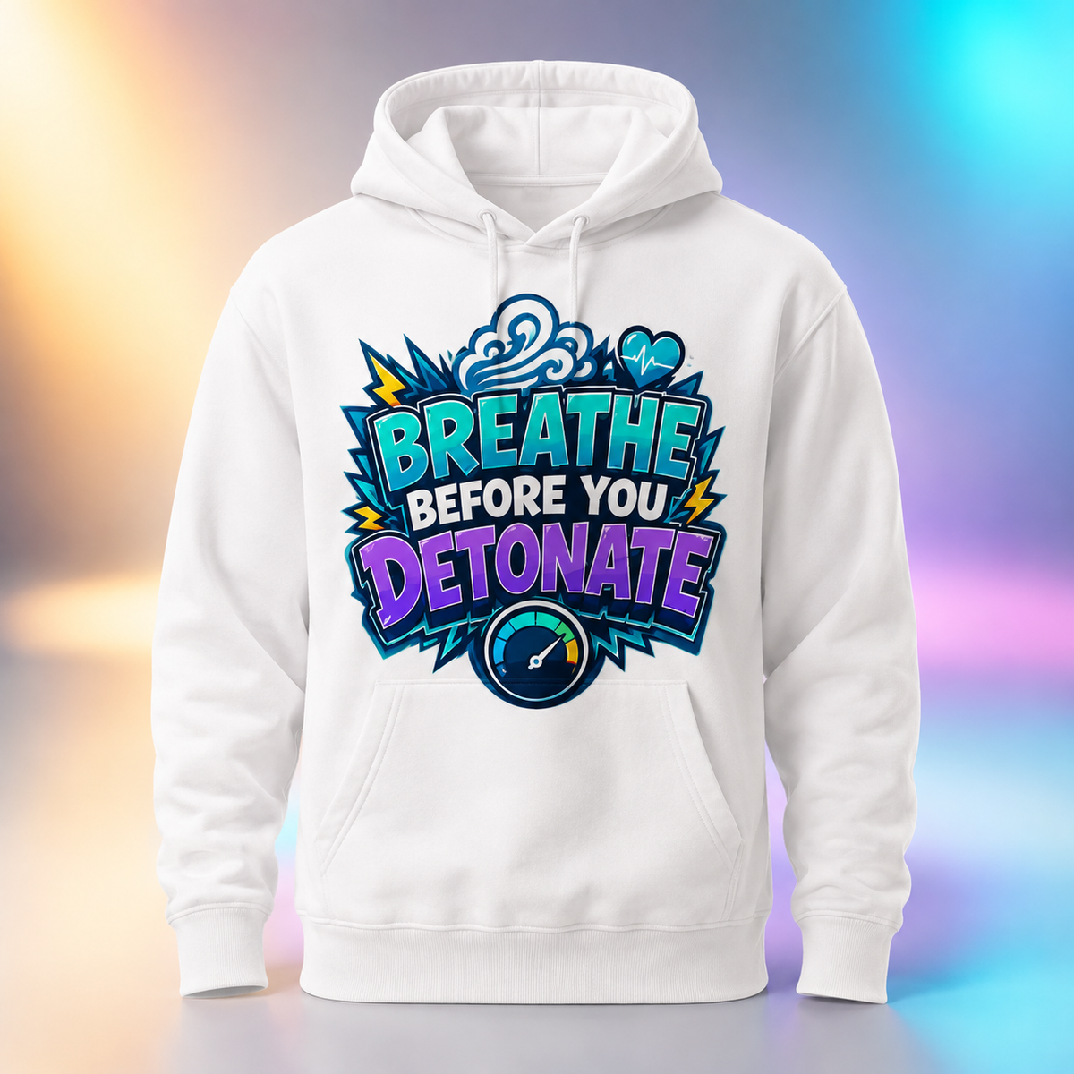 Breathe Before You Detonate TEMS support white pullover hoodie mockup