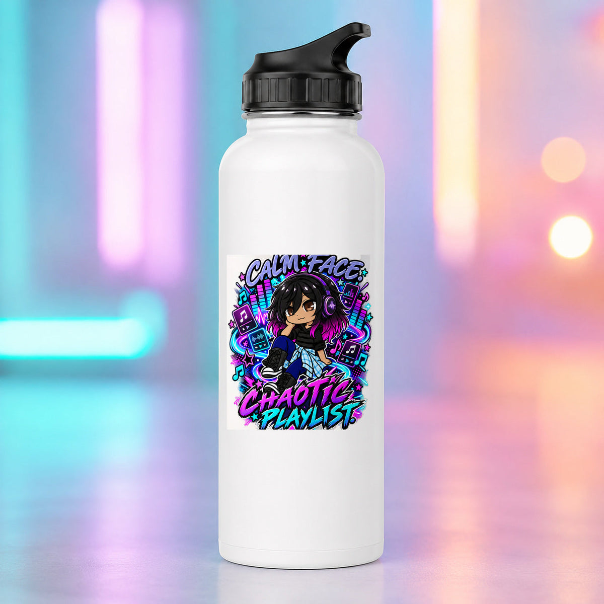Kiri - Calm Face, Chaotic Playlist Water Bottle product mockup