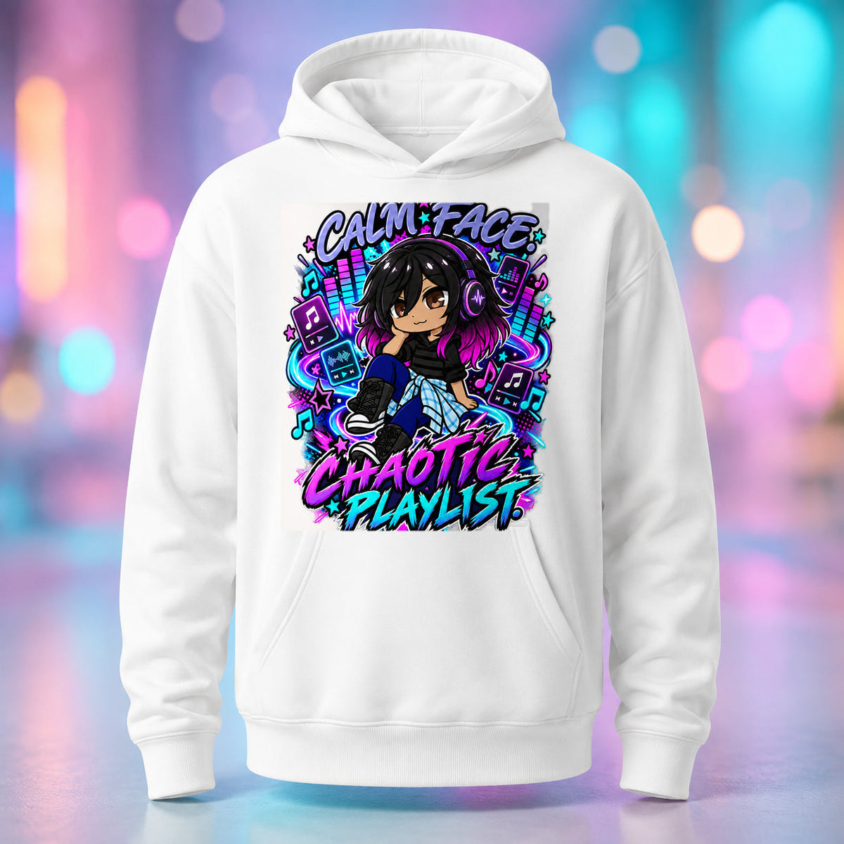 Kiri - Calm Face, Chaotic Playlist Pullover Hoodie product mockup