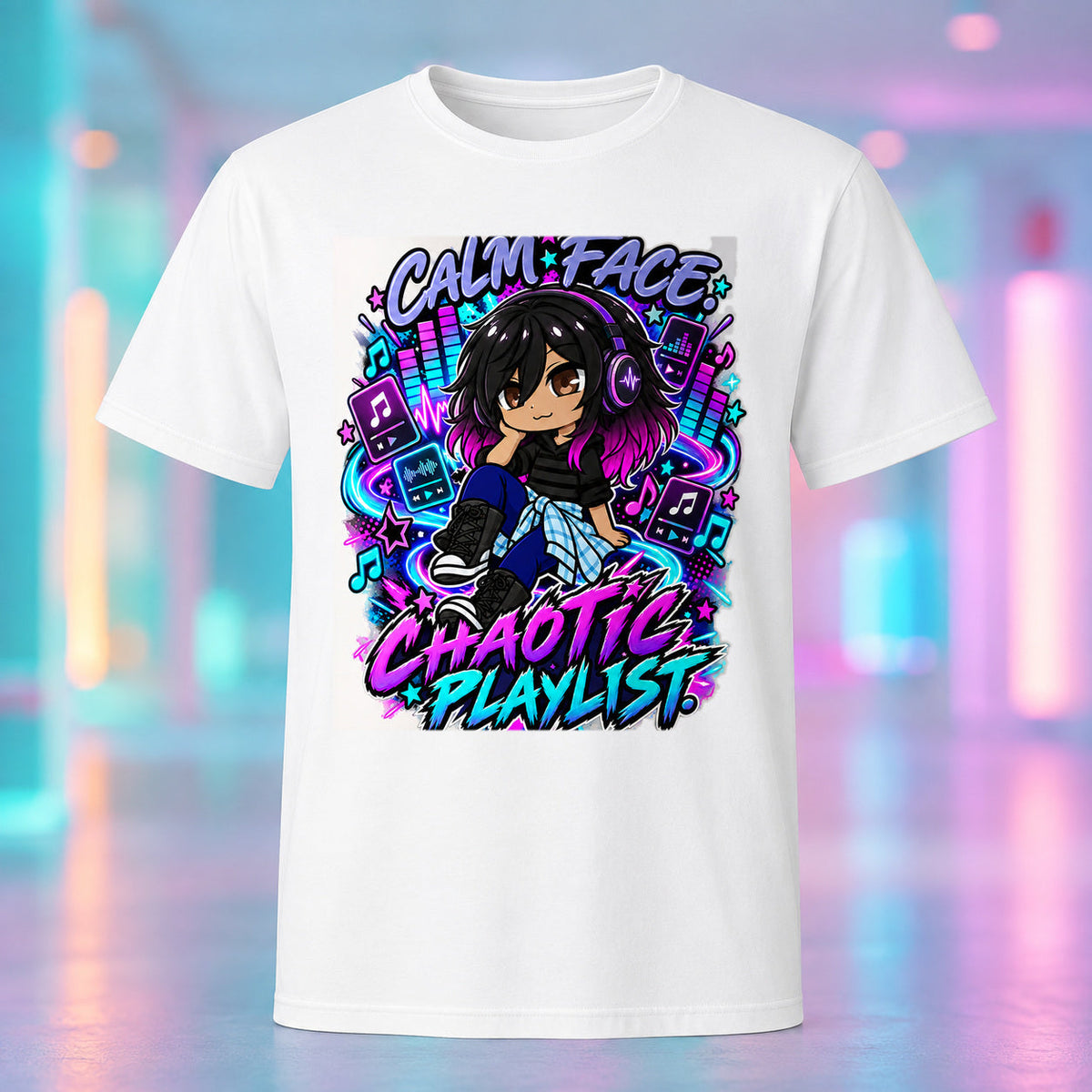 Kiri - Calm Face, Chaotic Playlist Graphic T-Shirt product mockup