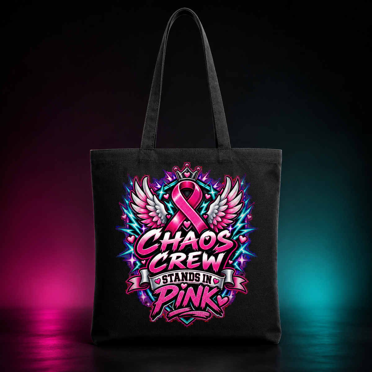 Chaos Crew Stands in Pink Tote Bag product mockup