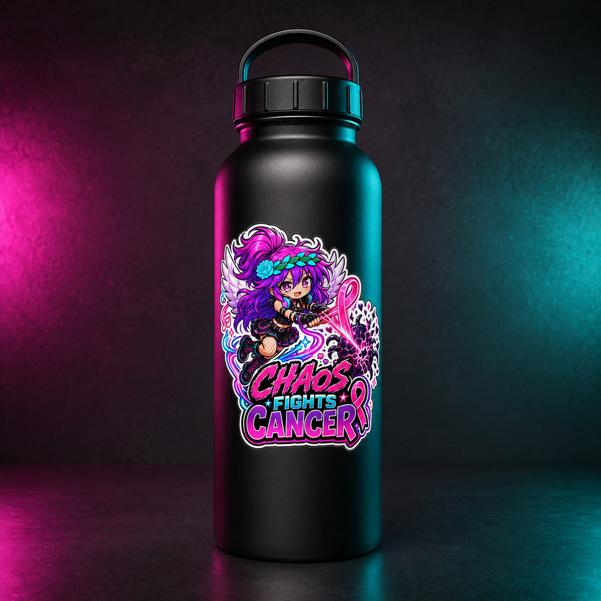 Chaos Fights Cancer Water Bottle product mockup
