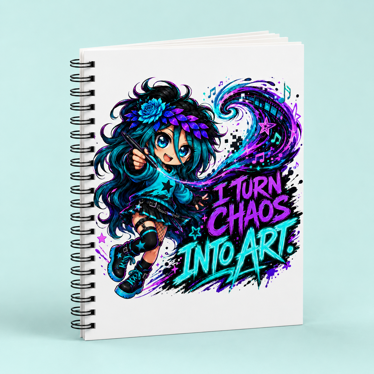 Dark I Turn Chaos Into Art spiral notebook mockup