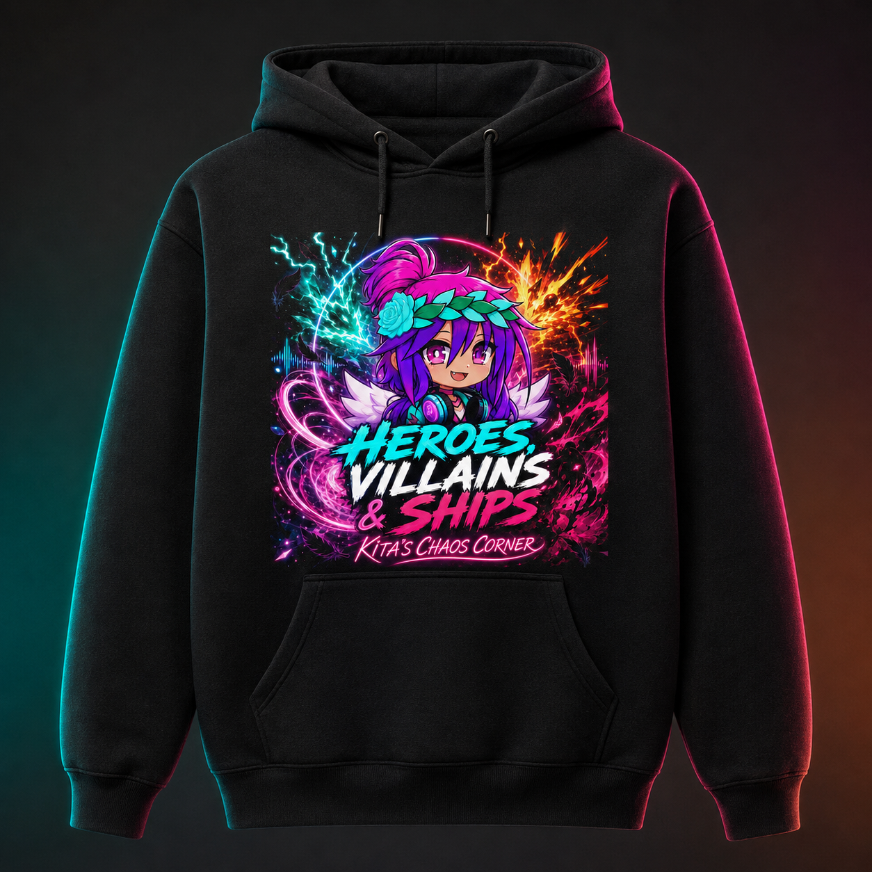 Heroes Villains and Ships black pullover hoodie mockup