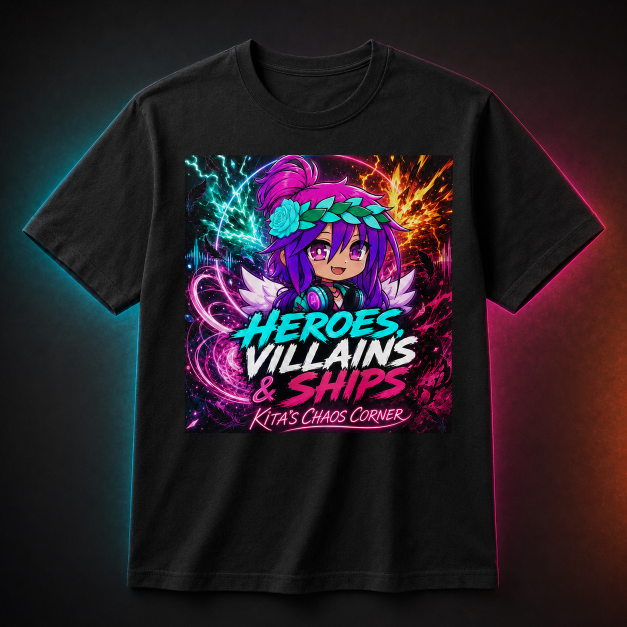Heroes Villains and Ships black graphic T-shirt mockup