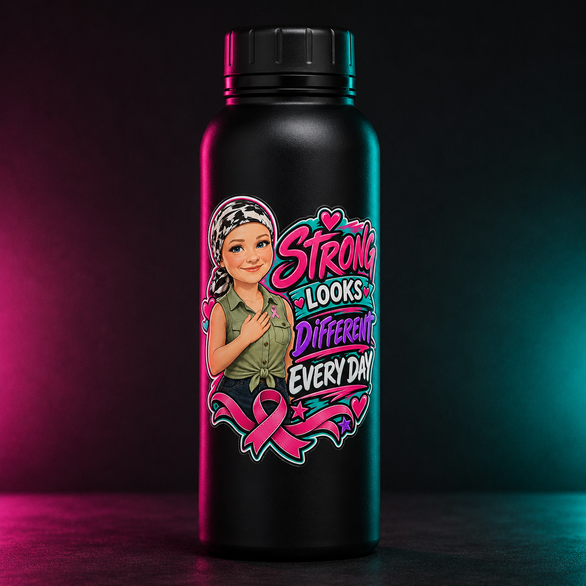 Strong Looks Different Every Day Water Bottle product mockup