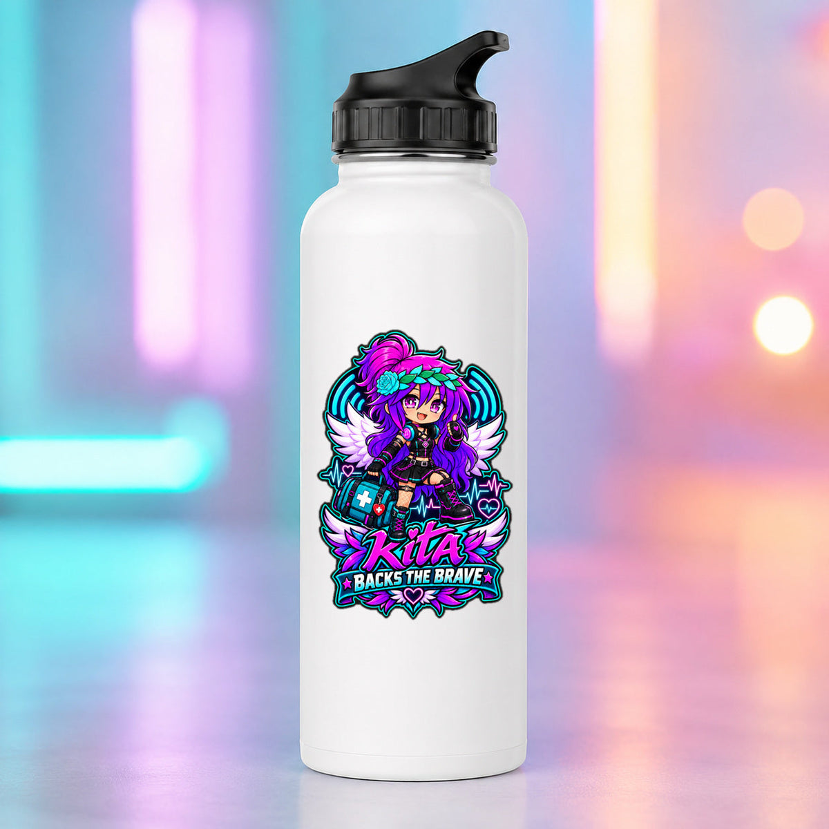 Kita Backs the Brave - TEMS Support Water Bottle product mockup